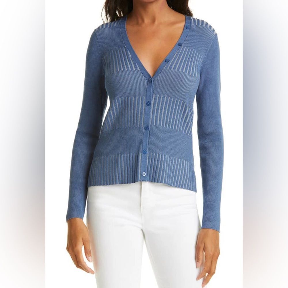 L'AGENCE Blue Striped V-Neck Cardigan